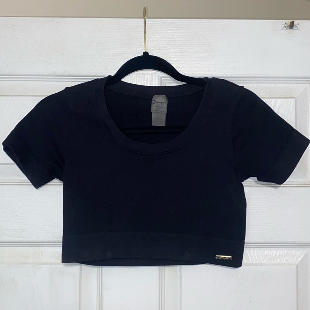 Youngla cropped ribbed workout top.